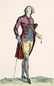 Szarmancki młodzieniec w stroju z gniecionego aksamitu z zakrytymi guzikami, grawerowany przez Baquoi, płyta nr 279 z „Galeries des Modes et Costumes Francais”, ok. 1778-87